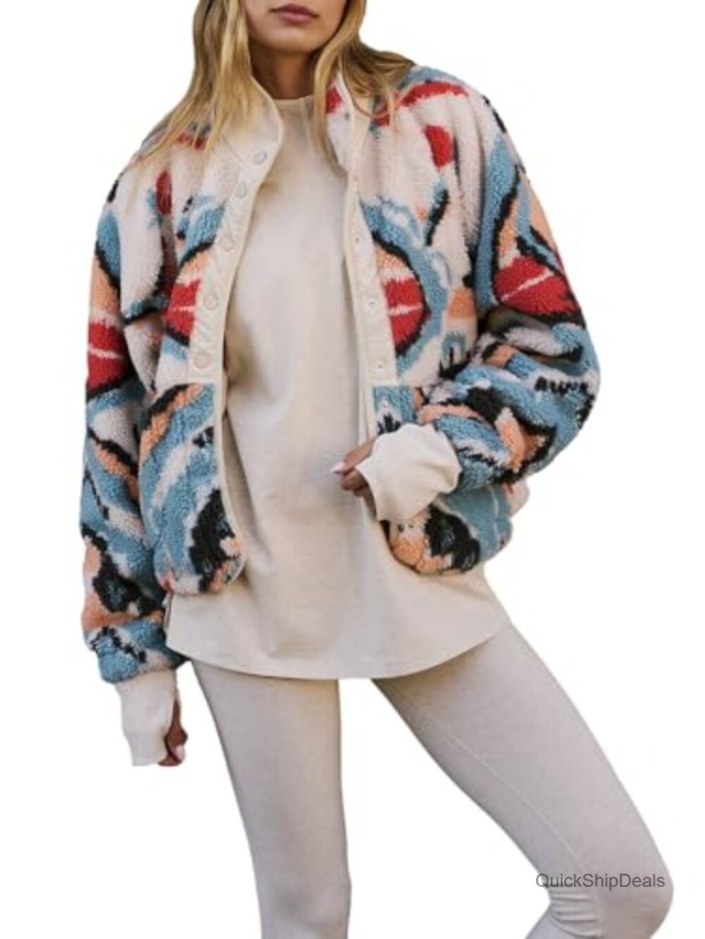 Women's Sherpa Fleece Jacket Button Down Long Sleeve Fuzzy Coat Pockets